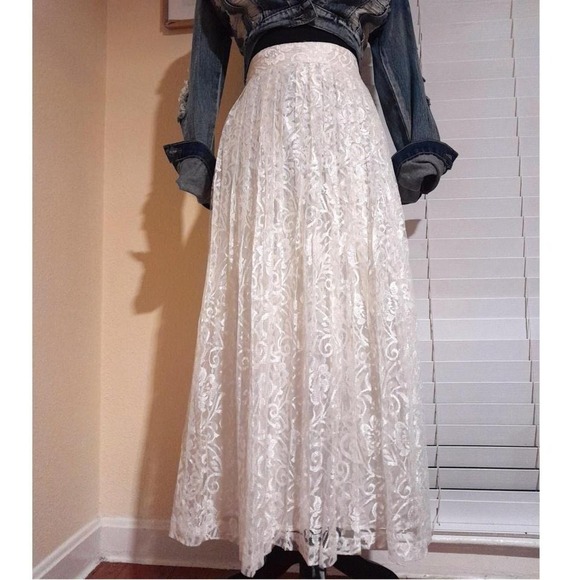 Vintage Cream Long Pleated Lace Maxi Skirt Baronesa Barbara Green 6 sz 6 - Picture 2 of 8